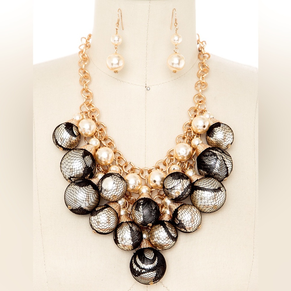 Gold & Black Laced & Pearl Statement Necklace